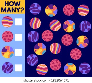 Counting Game for Preschool Children. Educational a mathematical game. Count how many space objects