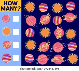 Counting Game for Preschool Children. Educational a mathematical game. Count how many space objects