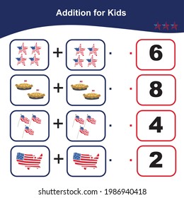 Counting Game for Preschool Children. Educational printable math worksheet. Addition math game for kids. Vector illustration in cartoon style.