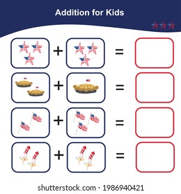 Counting Game for Preschool Children. Educational printable math worksheet. Addition math game for kids. Vector illustration in cartoon style.