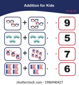 Counting Game for Preschool Children. Educational printable math worksheet. Addition math game for kids. Vector illustration in cartoon style.