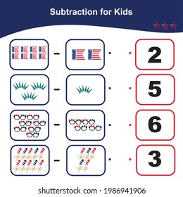 Counting Game for Preschool Children. Educational printable math worksheet. Subtraction math game for kids. Vector illustration in cartoon style.