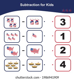 Counting Game for Preschool Children. Educational printable math worksheet. Subtraction math game for kids. Vector illustration in cartoon style.