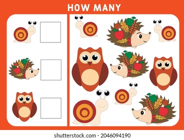 Counting Game for Preschool Children. Educational a mathematical game. Subtraction worksheets. How many objects task. Learning mathematics, numbers, addition theme