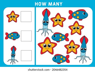 Counting Game for Preschool Children. Educational a mathematical game. Subtraction worksheets. How many objects task. Learning mathematics, numbers, addition theme. squid, fish, starfish