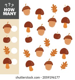 Counting Game for Preschool Children. Educational a mathematical game. How many objects task. Learning mathematics - autumn theme.
