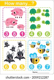 Counting Game for Preschool Children. Educational a mathematical game. Count how many pigs, bees and write the result!