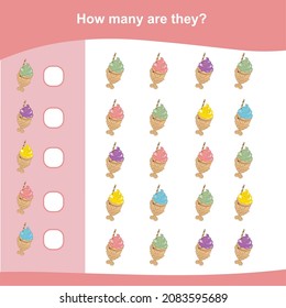 Counting game for Preschool Children. Educational printable math worksheet. Worksheet for kids. Vector illustration in cartoon style. Education worksheet to count how many similar images.