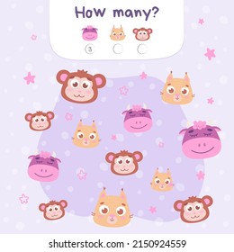 Counting game for preschool children. Educational math game. Count how many animals and write down the result. vector illustration in cartoon style