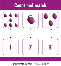 Counting game for preschool children. Educational game. Mathematical. Count  plums and choose the right answer.