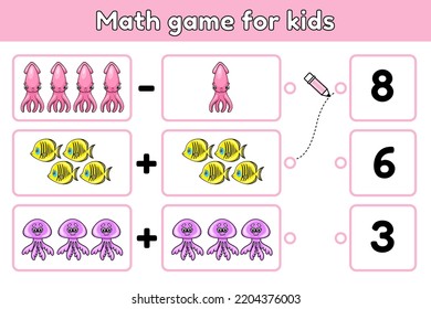 Counting game for preschool children. Educational math game. Count the numbers in the picture and choose the correct answer. Ocean animals vector illustration.