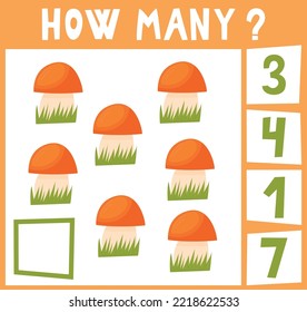 Counting Game for Preschool Children. Educational a mathematical game. Count how many pieces and write the result! 7 mushrooms.