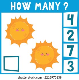 Counting Game for Preschool Children. Educational a mathematical game. Count how many pieces and write the result! Space theme. Suns.
