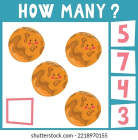 Counting Game for Preschool Children. Educational a mathematical game. Count how many pieces and write the result! Space theme. 4 planets.