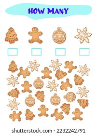 Counting Game for Preschool Children. Educational a mathematical game. Count how many cookies and write the result. Math worksheet for kids