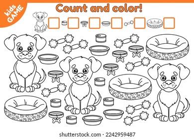 Counting game for preschool children. Educational a mathematical game with cartoon dog and dog accessories. Count how many object and write the result. Coloring page for kids. Vector illustration.