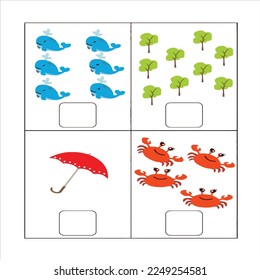 Counting Game for Preschool Children. Educational mathematical game. Count how many space objects and write the result. Puzzle math task for kindergarten teach. Homework study. Home schooling.