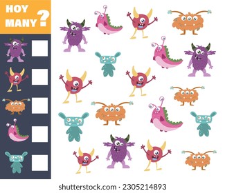 Counting game for preschool children. Educational math game. Count how many monsters there are and record the result