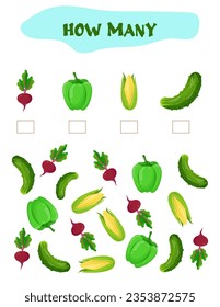 Counting Game for Preschool Children. Educational a mathematical game. Count how many  vegetables and write the result. Math worksheet for kids