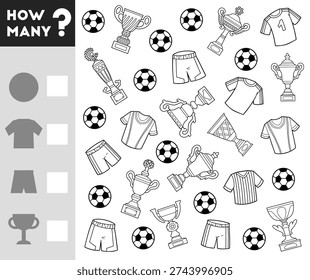 Counting Game for Preschool Children. Educational a mathematical game. Count how many football objects and write the result! Fun black and white worksheet for preschool learning and play.