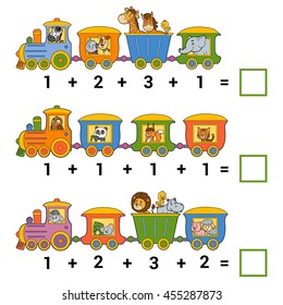 Counting Game for Preschool Children. Educational a mathematical game. Count the animals on the train and write the result. Tasks for addition