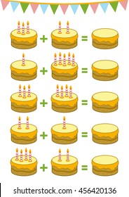 Counting Game for Preschool Children. Educational a mathematical game. Count the numbers in the picture and write the result. Addition worksheets