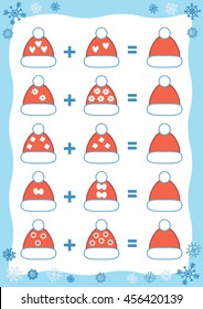 Counting Game for Preschool Children. Educational a mathematical game. Count the numbers in the picture and write the result. Addition worksheets