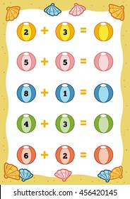 Counting Game for Preschool Children. Educational a mathematical game. Count the numbers in the picture and write the result. Addition worksheets