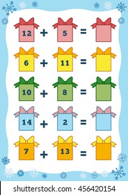 Counting Game for Preschool Children. Educational a mathematical game. Count the numbers in the picture and write the result. Addition worksheets
