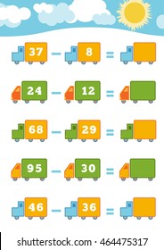 Counting Game for Preschool Children. Educational a mathematical game. Count the numbers in the picture and write the result. Subtraction worksheets