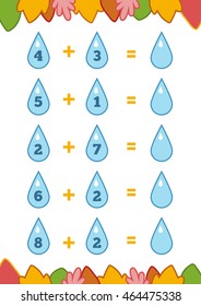 Counting Game for Preschool Children. Educational a mathematical game. Count the numbers in the picture and write the result. Addition worksheets
