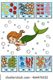 Counting Game for Preschool Children. Educational a mathematical game. Count the fish in the picture and write the result. Addition worksheets