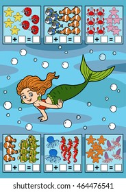 Counting Game for Preschool Children. Educational a mathematical game. Count the fish in the picture and write the result. Addition worksheets