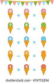 Counting Game for Preschool Children. Educational a mathematical game. Count the numbers in the picture and write the result. Addition and subtraction worksheets