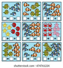 Counting Game for Preschool Children. Educational a mathematical game. Count the numbers in the picture and write the result. Addition worksheets