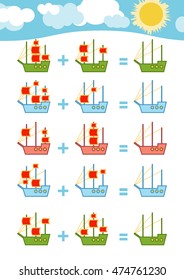 Counting Game for Preschool Children. Educational a mathematical game. Count the numbers in the picture and write the result. Addition worksheets