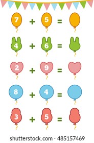 Counting Game for Preschool Children. Educational a mathematical game. Count the numbers in the picture and write the result. Addition worksheets about Birthday decorations, balloons