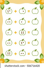 Counting Game for Preschool Children. Educational a mathematical game. Count the numbers in the picture and write the result. Addition worksheets with apples