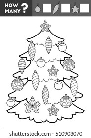 Counting Game for Preschool Children. Educational a mathematical game. Count how many items and write the result. Christmas tree and toys