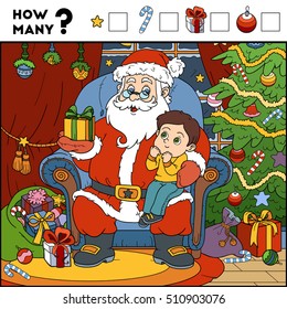 Counting Game for Preschool Children. Educational a mathematical game. Count how many items and write the result. Santa Claus and background