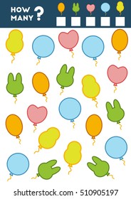 Counting Game for Preschool Children. Educational a mathematical game. Count how many items and write the result. Balloons