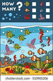 Counting Game for Preschool Children. Educational a mathematical game. Count how many items and write the result. Fish and background