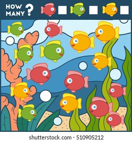 Counting Game for Preschool Children. Educational a mathematical game. Count how many items and write the result. Fish and background