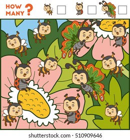 Counting Game for Preschool Children. Educational a mathematical game. Count how many items and write the result. Insects and flowers
