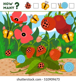 Counting Game for Preschool Children. Educational a mathematical game. Count how many items and write the result. Insects and background