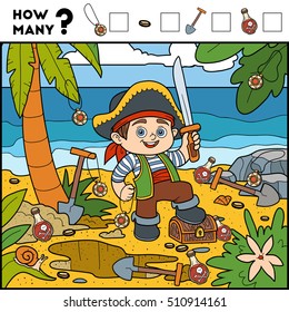 Counting Game for Preschool Children. Educational a mathematical game. Count how many items and write the result. Pirate boy and background