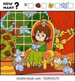Counting Game for Preschool Children. Educational a mathematical game. Count how many items and write the result. Princess and background