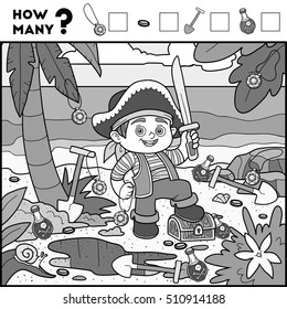 Counting Game for Preschool Children. Educational a mathematical game. Count how many items and write the result. Pirate boy and background