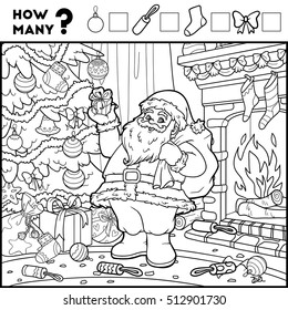 Counting Game for Preschool Children. Educational a mathematical game. Count the numbers in the picture and write the result. Santa Claus and background