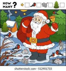 Counting Game for Preschool Children. Educational a mathematical game. Count the numbers in the picture and write the result. Santa Claus and background